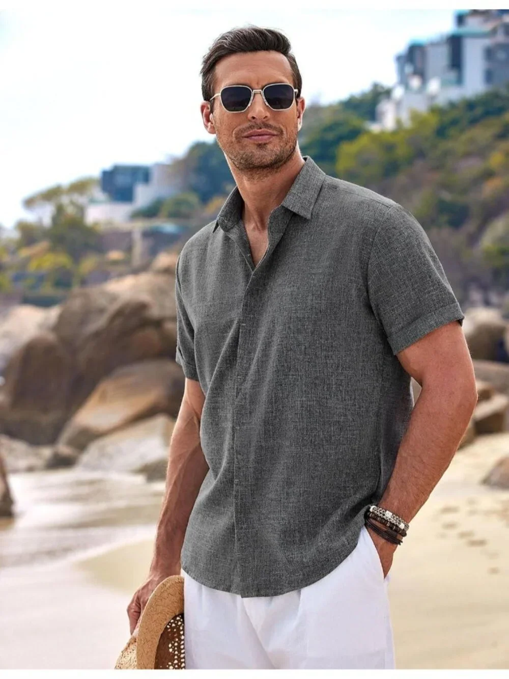 Men's Dark Grey Beach Linen Short Sleeve Casual Wedding Shirts Button Down